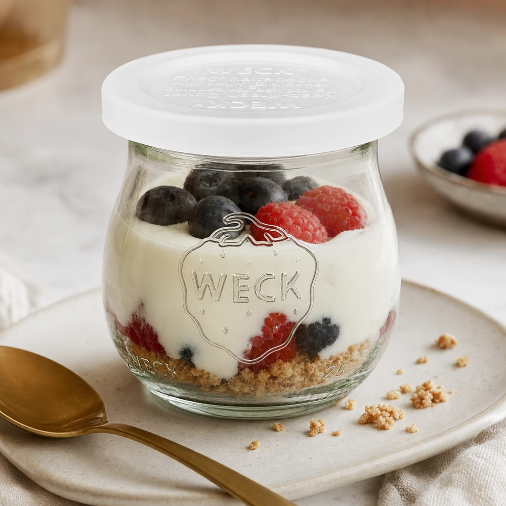 75ml tulpenglas met vershouddeksel WECK RR40 WECK tulp pot 75ml RR40 met yoghurt bessen en granola als dessert op wit bord met gouden lepel