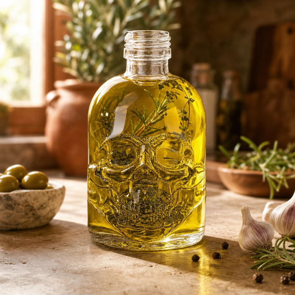 50ml schedel glazen fles Hector gevuld met kruidenolie Mediterrane keuken olijfolie decoratie UNiTWIST
