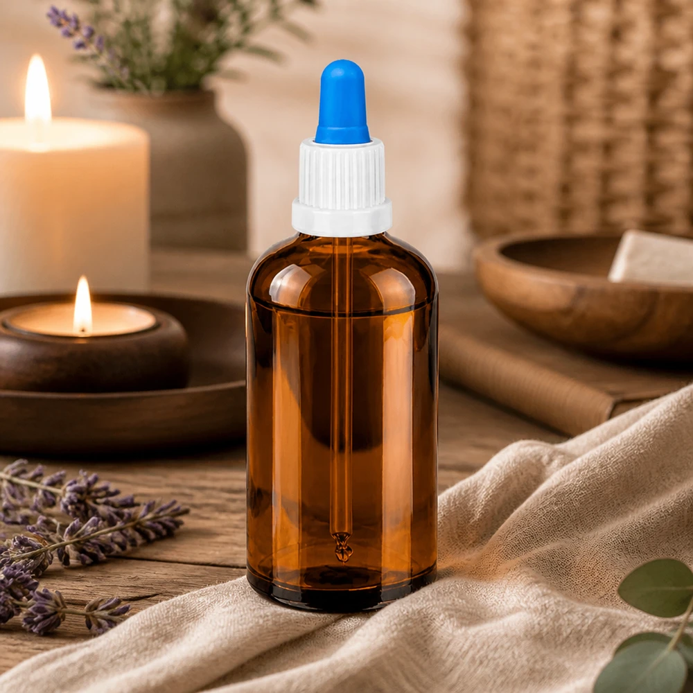 100ml pipetfles wit/blauw OV BrownLine UT18/100 Lichtbeschermde pipetfles 100ml met precieze doseerdop voor doe-het-zelf cosmetica en wellness