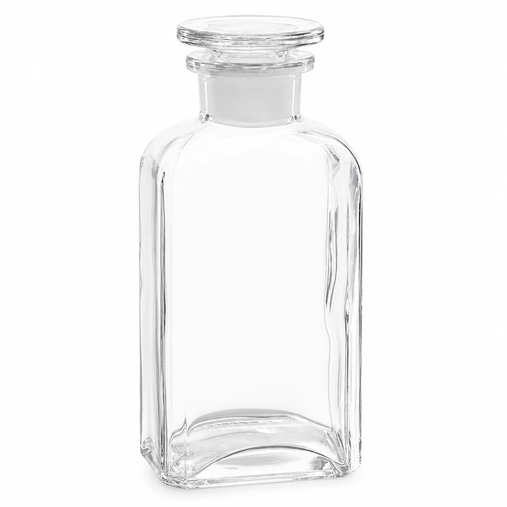 Lege, heldere glazen fles met stop, 250 ml, vierkante vorm, voor chemicaliën