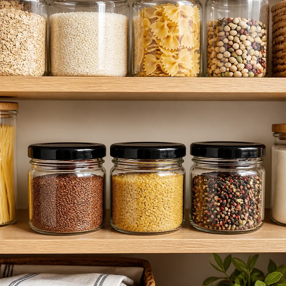 33 ml rond glazen potje + BasicSeal-deksel zwart UNiTWIST Glazen potjes van 33 ml met een zwarte BasicSeal-deksel naast pasta, rijst en peulvruchten op het schap