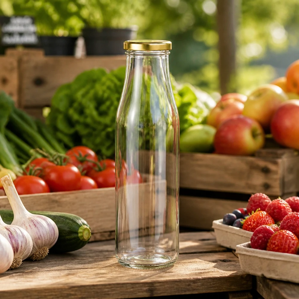 500ml fles met BasicSeal deksel goud UNiTWIST 500ml glazen fles leeg BasicSeal deksel goud tussen vers fruit groenten op houten tafel marktkraam sfeer
