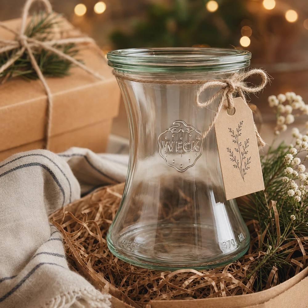 WECK delicatessenpot 370ml RR80 als geschenk met kraftpapier label in rustieke kerstdecoratie