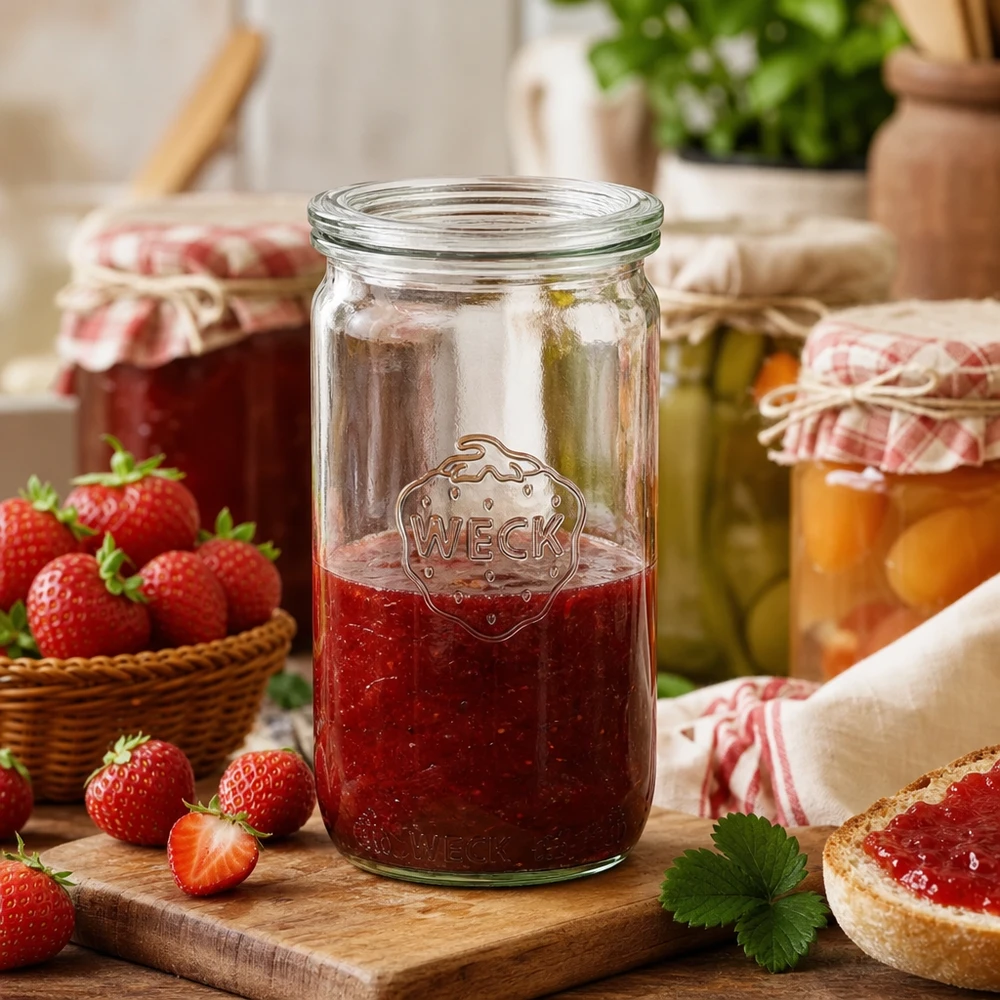WECK 340 ml cilindervormige pot RR60 gevuld met aardbeienjam in een rustieke keuken met verse aardbeien en brood
