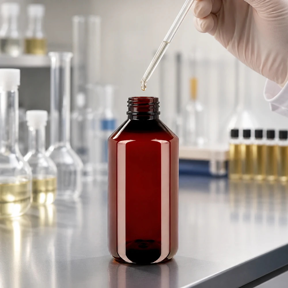 PET fles 750ml met witte/rode verzegelstop Verzegelstop Handmatig afvullen van een bruine PET-fles van 750 ml met een gele werkzame stof in het laboratorium