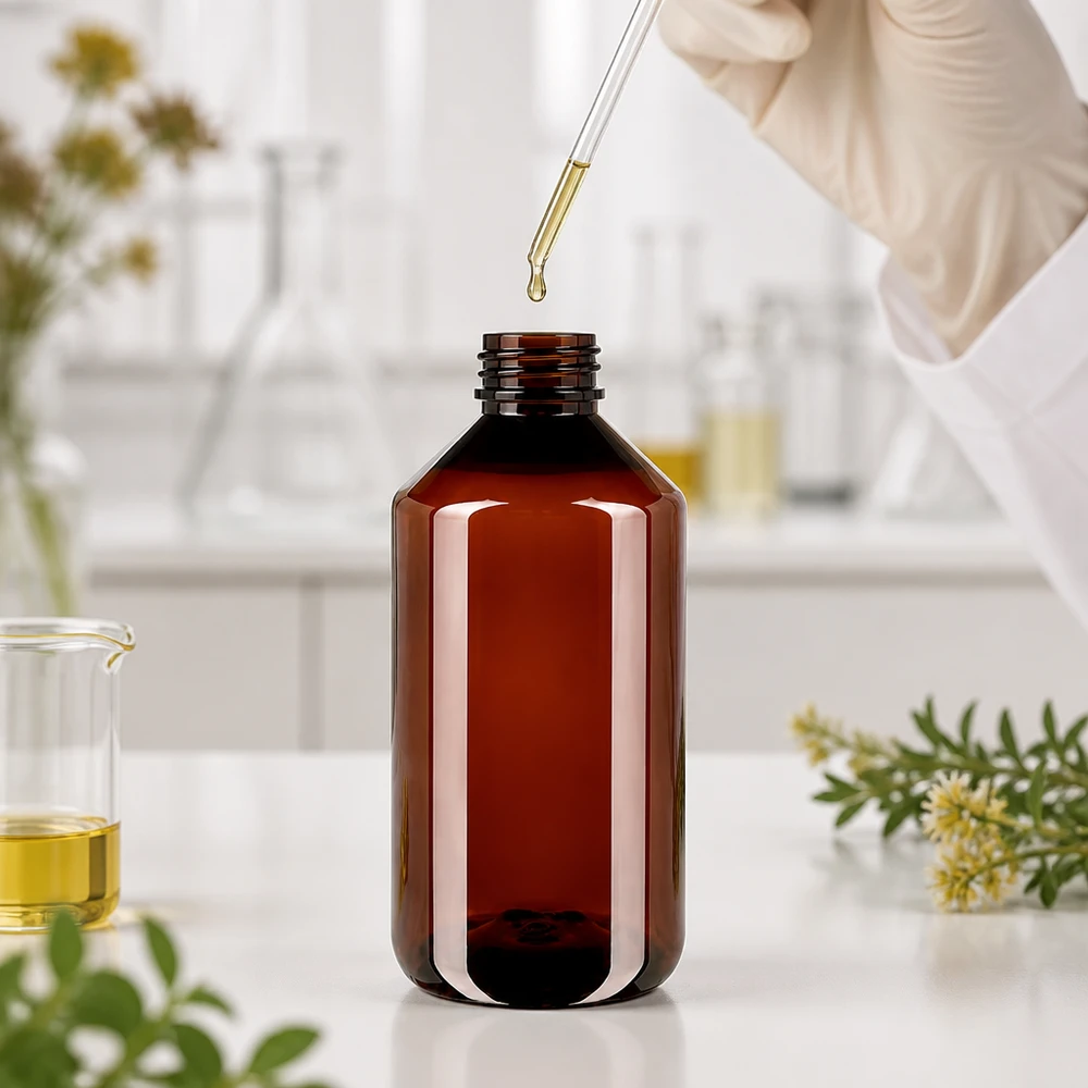 PET fles 750ml met witte verzegelstop Stevige bruine PET-fles van 750 ml met verzegeling voor natuurlijke cosmetica en kruidenoliën