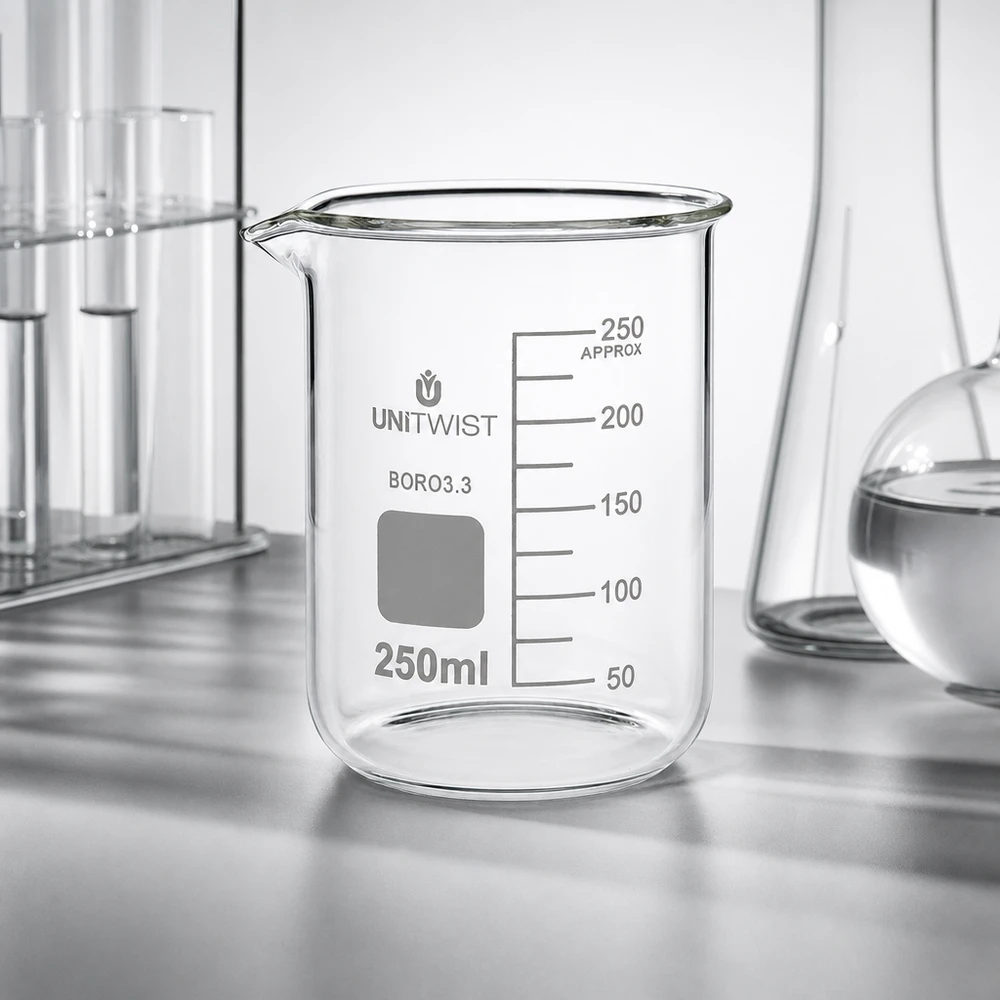 Beker 250ml borosilicaat, lage vorm UNiTWIST UNiTWIST 250 ml laboratoriumglaswerk met lage vorm, inclusief reageerbuisjes en Erlenmeyer-kolven