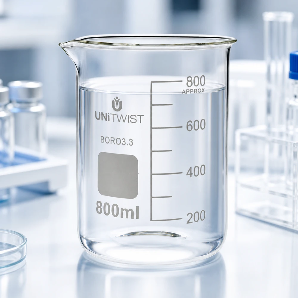Beker 800ml borosilicaat, lage vorm UNiTWIST UNiTWIST 800 ml borosilicaat bekerglas, lage cilindrische vorm met witte opschrift