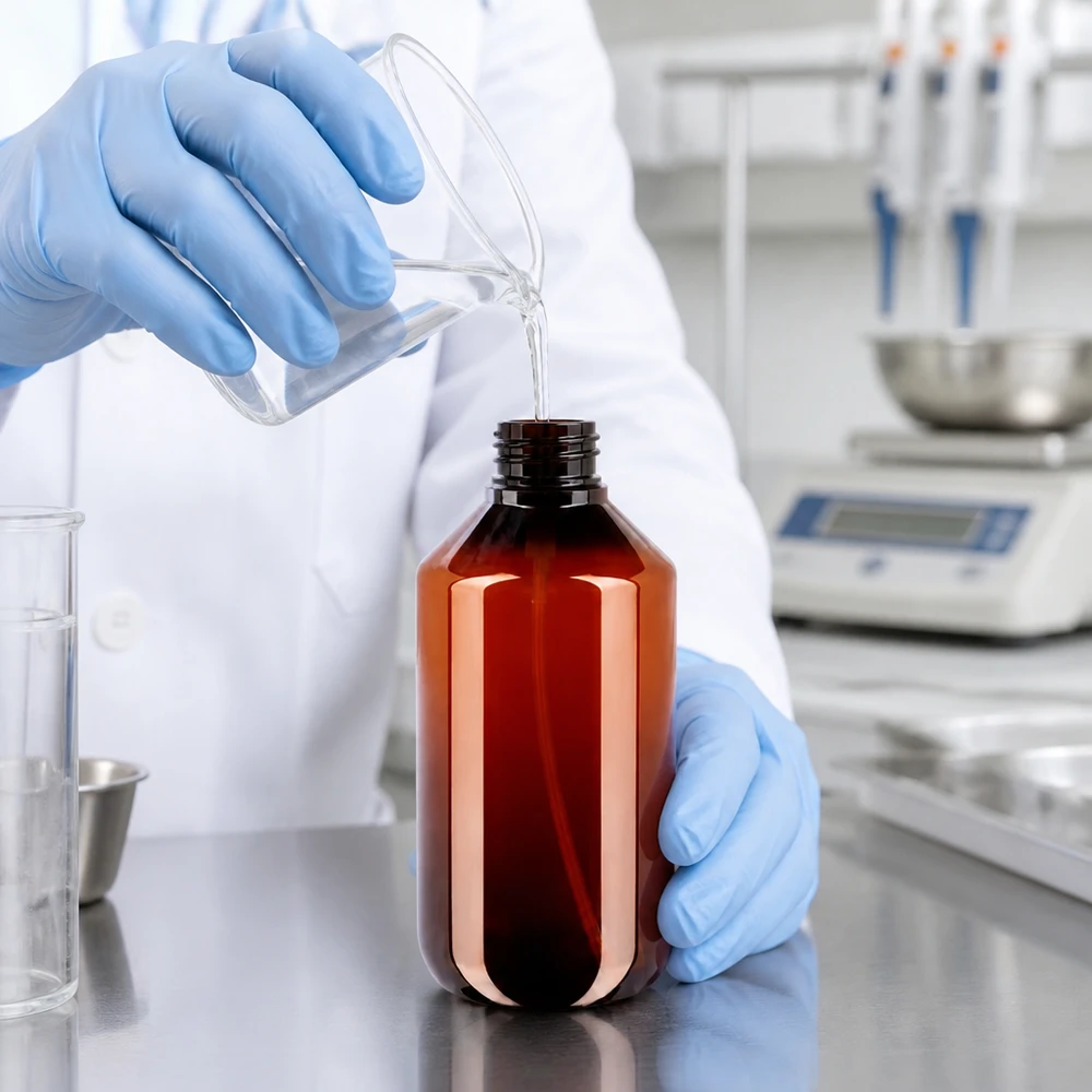 200 ml PET medicijnfles met verstuiver wit GCMI 28/410 incl. dop transparant, standaard Professionelle Abfüllung in UV-schützende braune PET Flasche 200ml auf Edelstahloberfläche