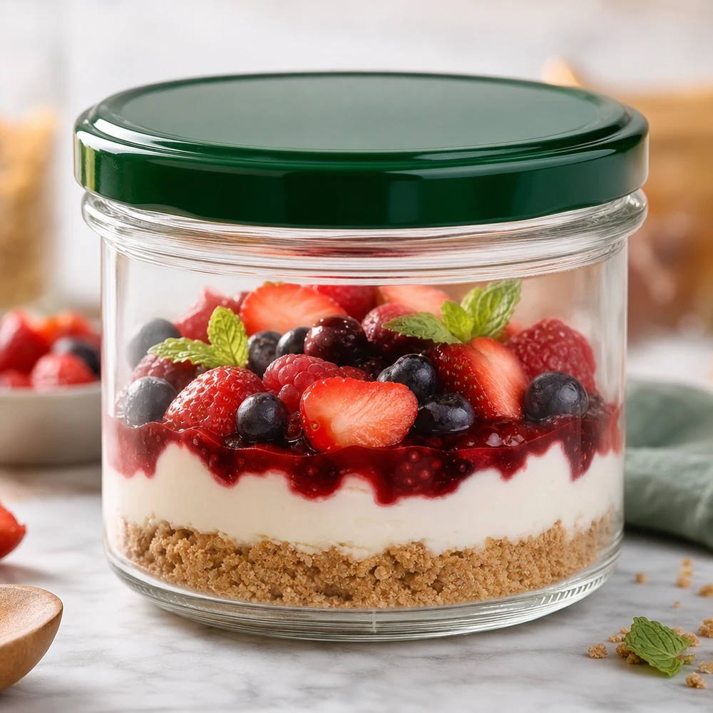 225ml bekers met BasicSeal deksel groen UNiTWIST 225ml glazen pot groen BasicSeal deksel gevuld met dessertbessen mascarpone perfect voor desserts