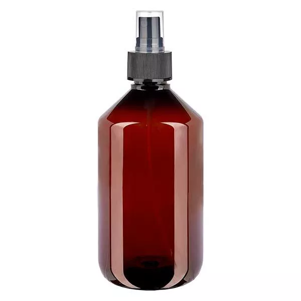 500 ml PET medicijnfles met verstuiver zwart GCMI 28/410 incl. dop transparant, standaard 500 ml PET medicijnfles met verstuiver zwart GCMI 28/410 incl. dop transparant, standaard