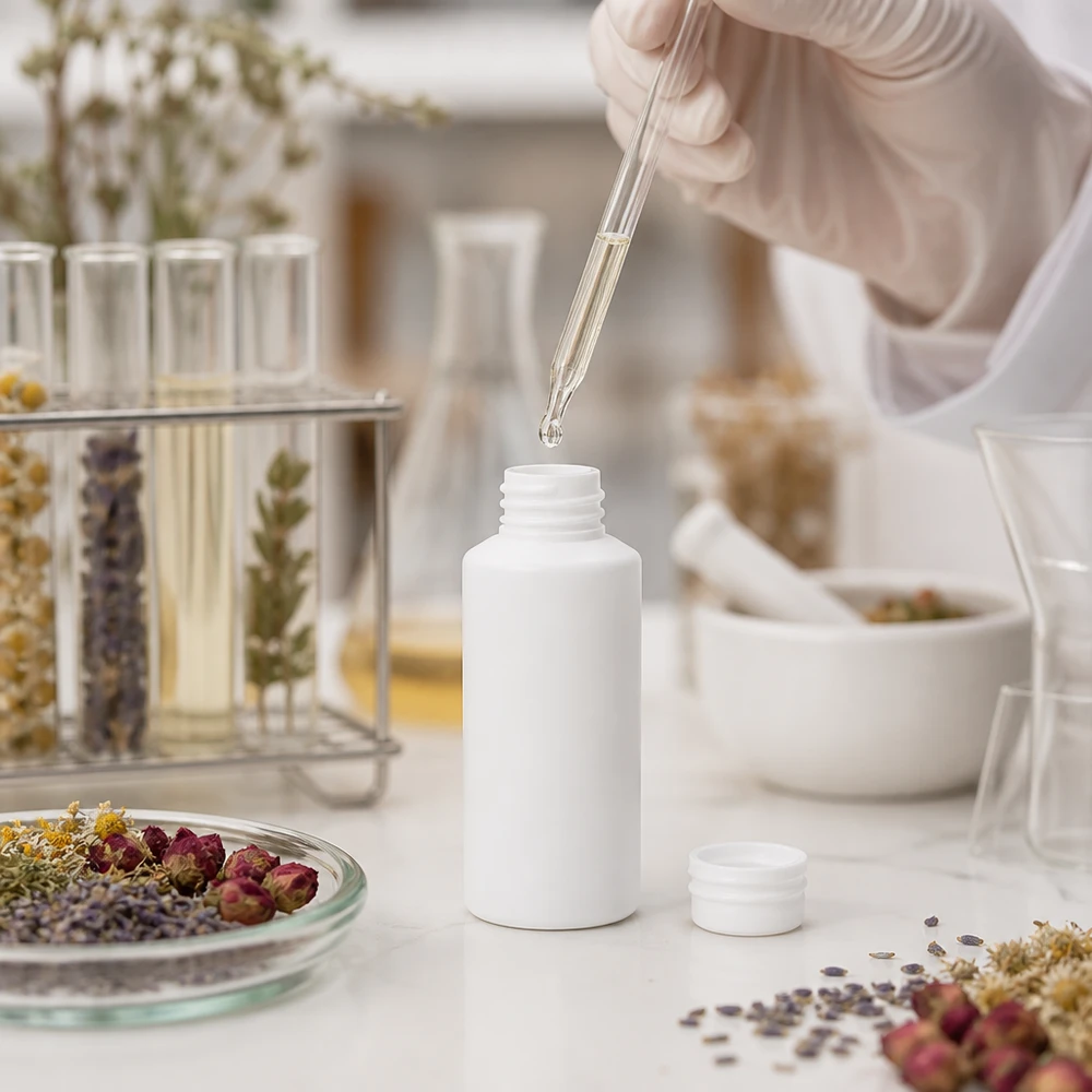 Witte farmaceutische fles van 30 ml HDPE, omringd door reageerbuisjes met kruidenextracten in het laboratorium