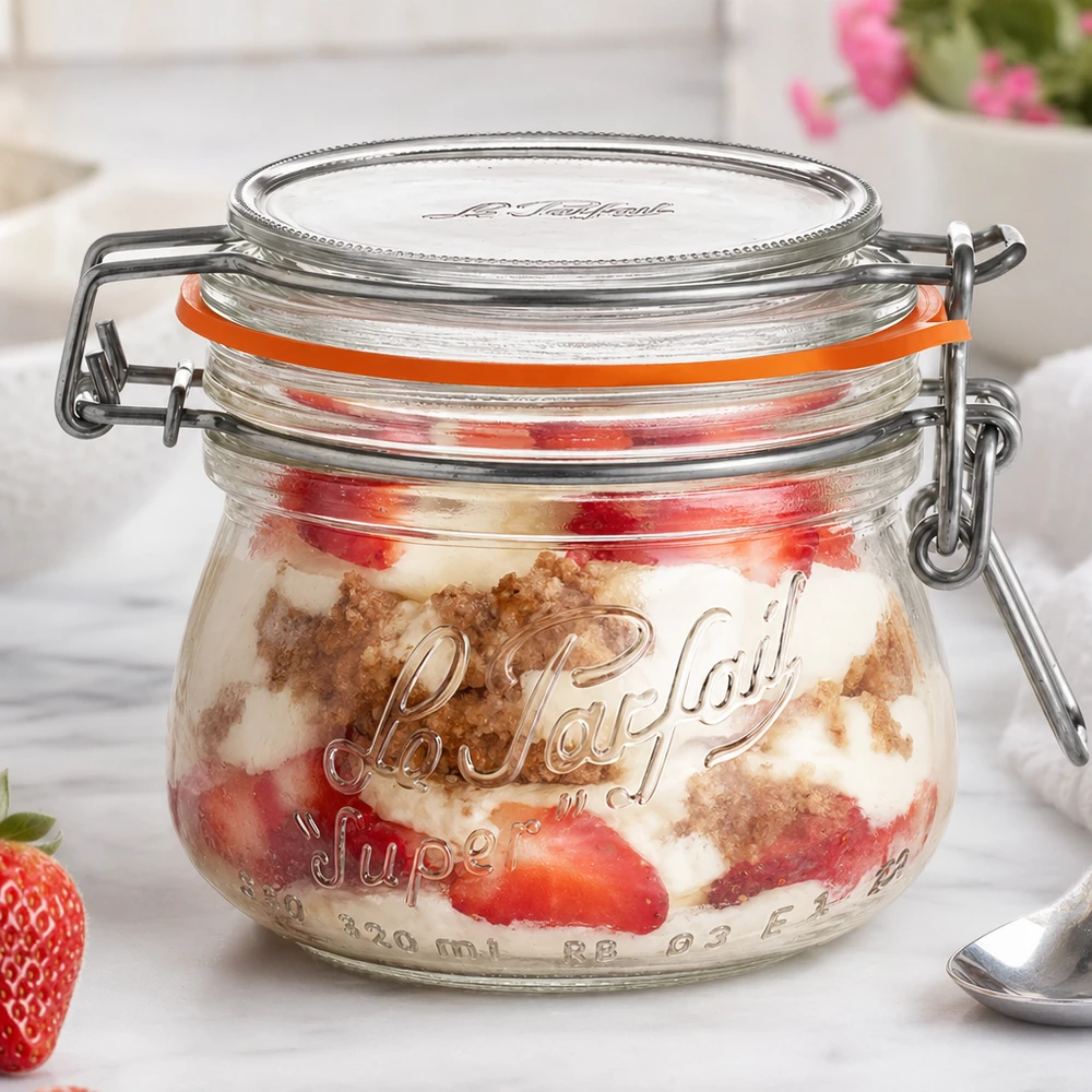 250 ml Le Parfait Super voorraadpot met draaidop gevuld met aardbeien en dessert op een wit vlak