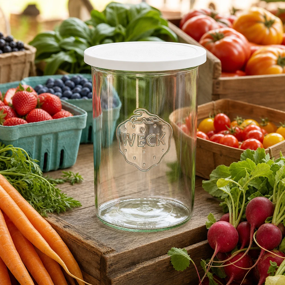 1000ml stortglas met vershouddeksel WECK RR100 WECK bekers 1000ml RR100 met vers deksel tussen verse marktgroenten wortelen radijzen en bessen