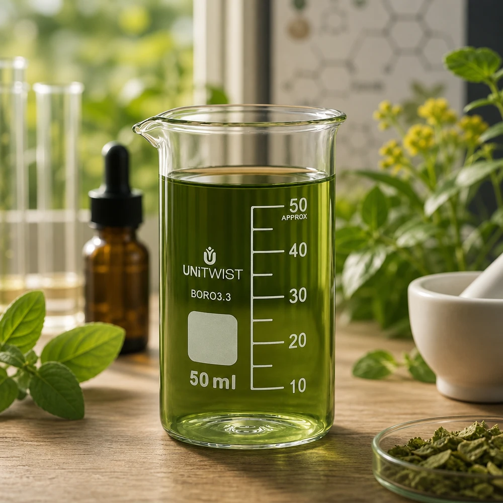 UNITWIST 50 ml hoog borosilicaatglasbeker met groen extract in een botanisch laboratorium