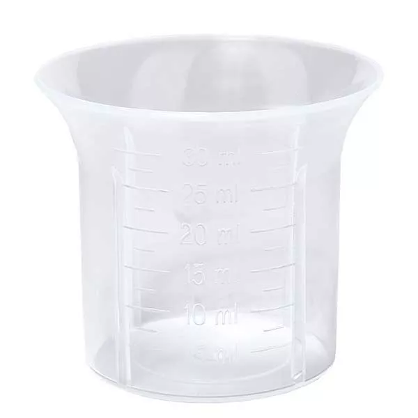 30 ml blanke doseerbeker voor schroefsluiting wit 28mm maatverdeling vanaf 5 ml in stappen van 2,5ml