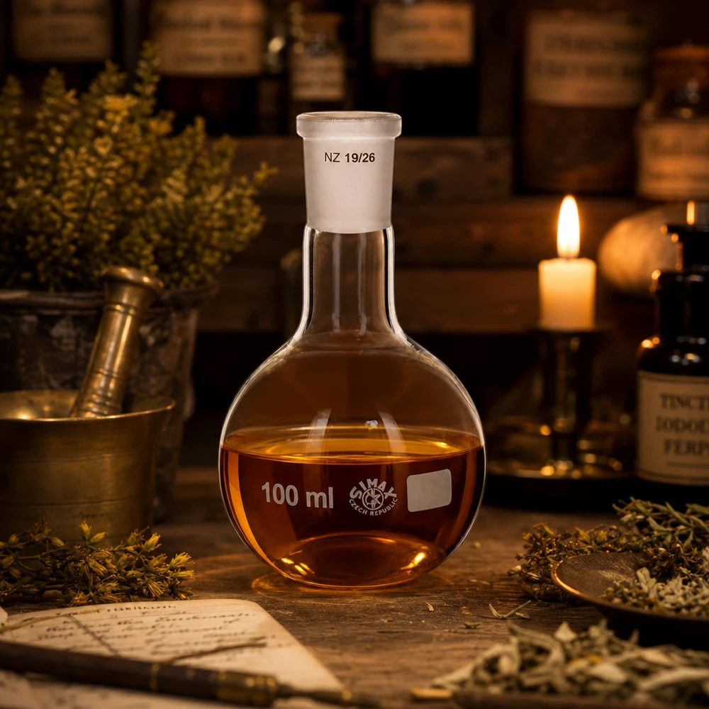 Apothekerskolf 100ml van hittebestendig glas - vintage laboratoriumsfeer met kaarslicht
