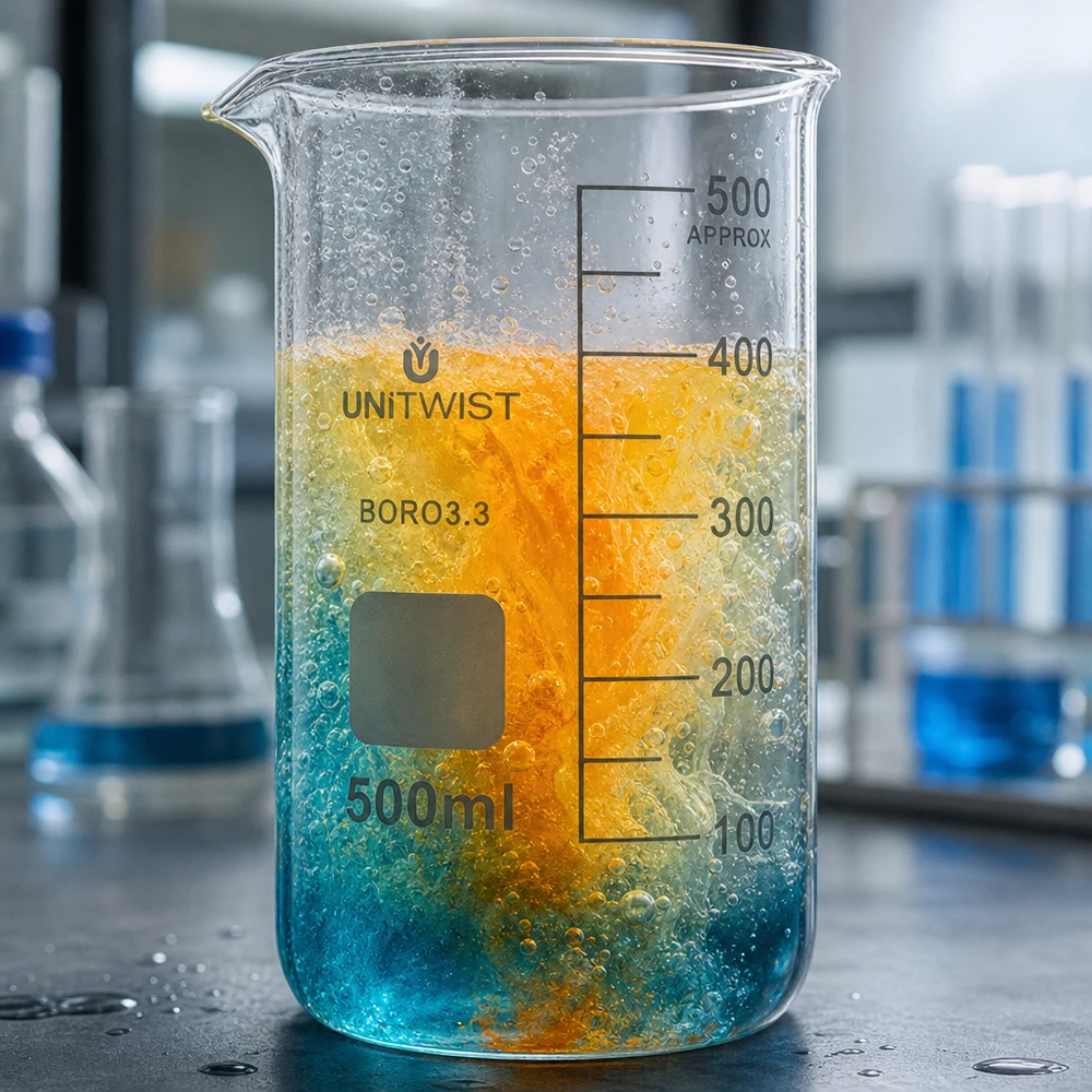 UNITWIST bekerglas 500 ml met zichtbare chemische reactie (blauw-oranje) in het reageerbuisje