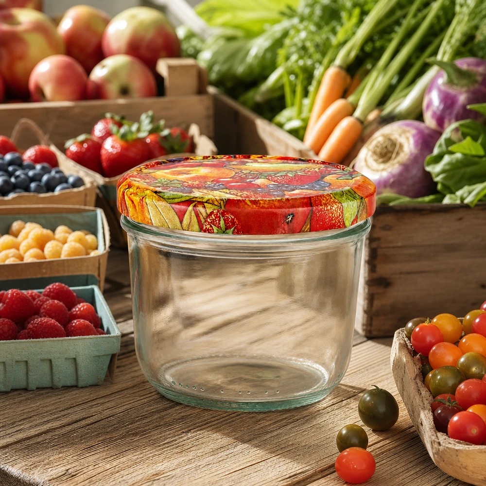 230 ml bekers met BasicSeal fruitdecor deksel op een houten tafel omringd door verse groenten en bessen uit de tuin