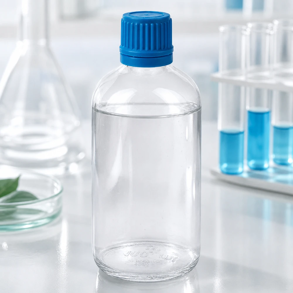 Doorzichtige ClearLine-laboratoriumfles van 100 ml met blauwe originaliteitssluiting (OV) in een laboratoriumomgeving