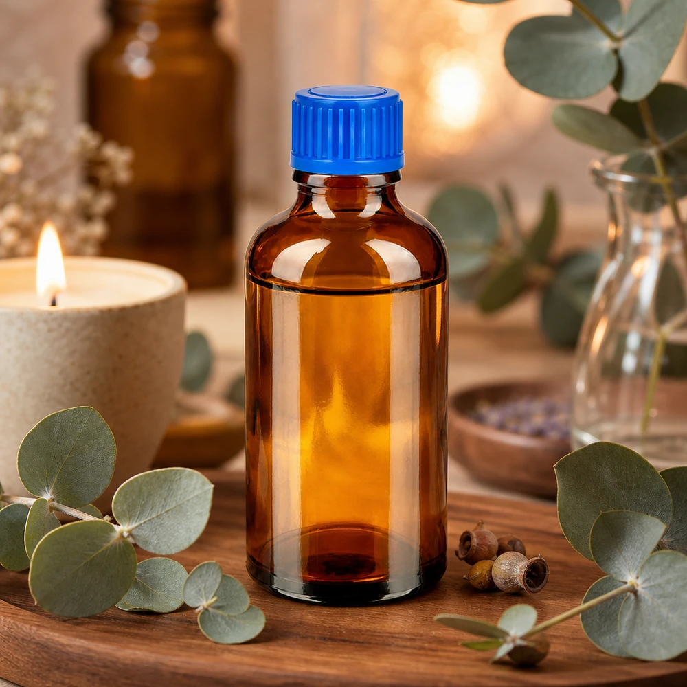 UV-beschermend glazen flesje 50ml amberkleurig met blauw deksel voor aromatherapie