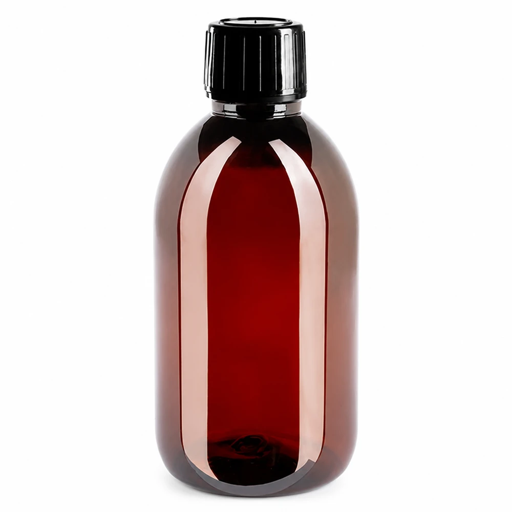 Lichtschutz PET Flasche 250ml Braunglas-Optik mit schwarzem Originalitätsverschluss