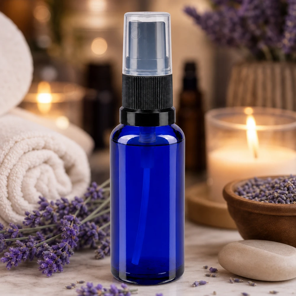 Compacte blauwe spuitfles van apothekersglas van 30 ml, omringd door lavendelbloemen en kaarsen