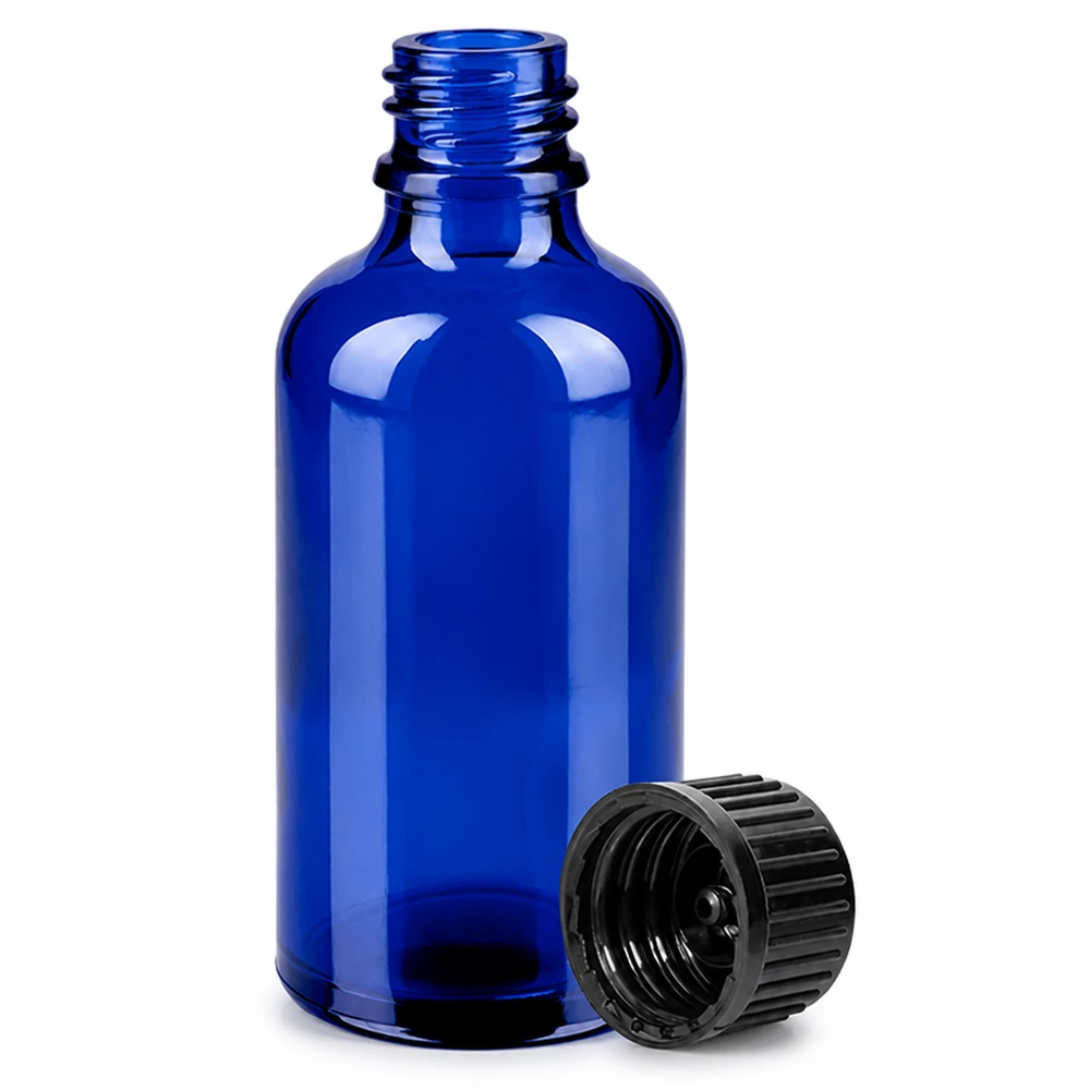 Professionele blauwe glazen fles 50ml met verzegelbare sluiting voor laboratoriumtoepassingen
