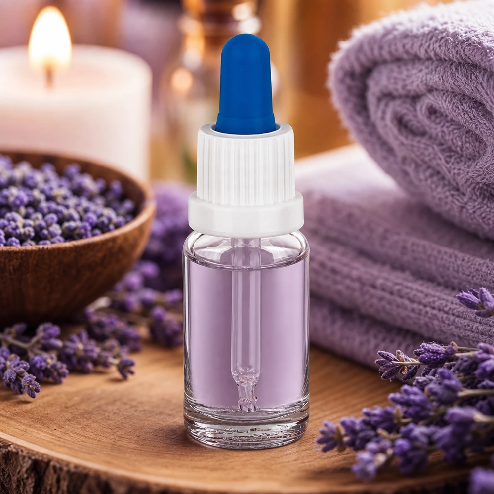 10ml pipetfles wit/blauw OV ClearL. UT18/10 Een pipetflesje van 10 ml gevuld met lavendelolie, op een houten ondergrond met lavendelbloemen en een kaars