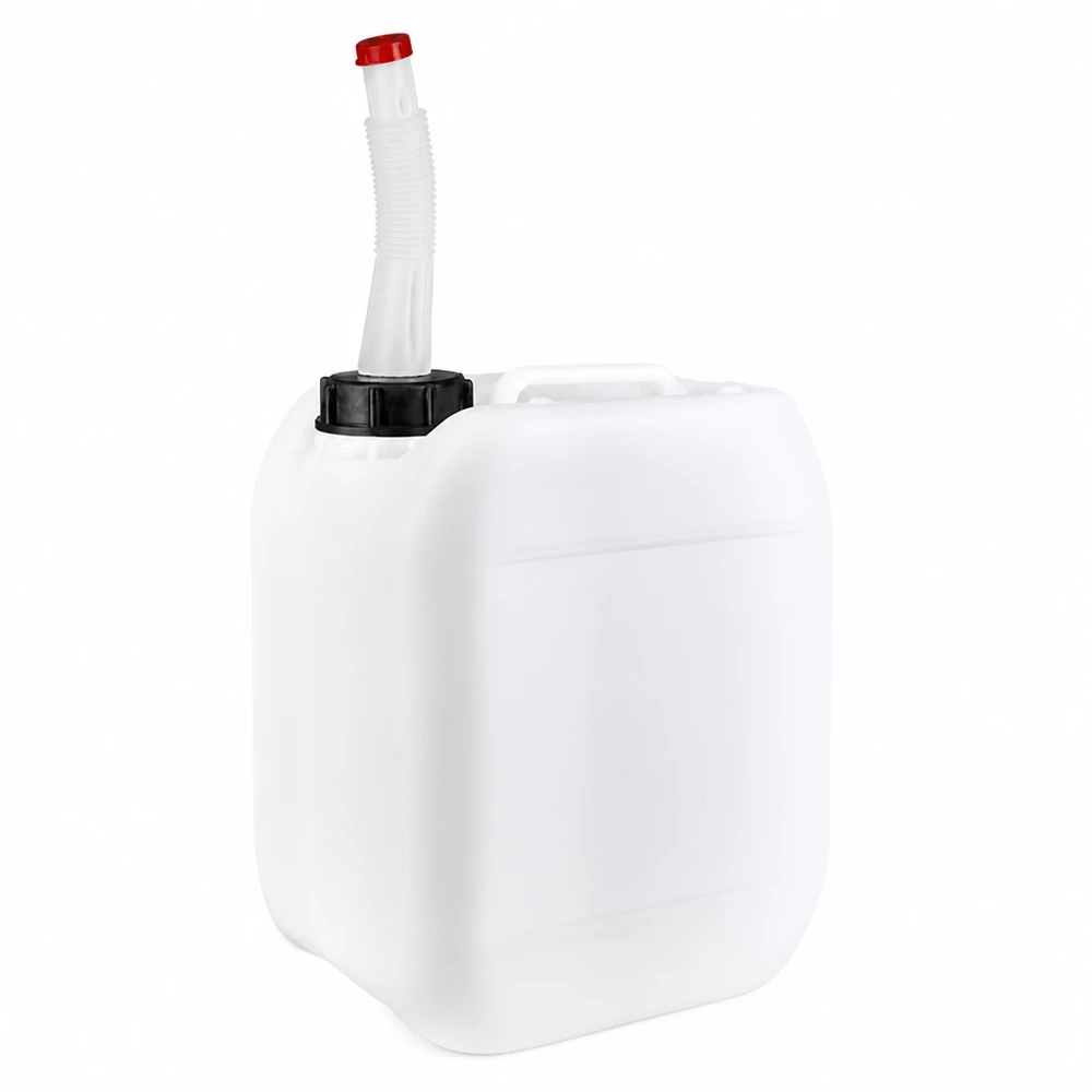 Compacte witte reservejerrycan van 5 liter met flexibele uitloop, ideaal voor brandstof en water