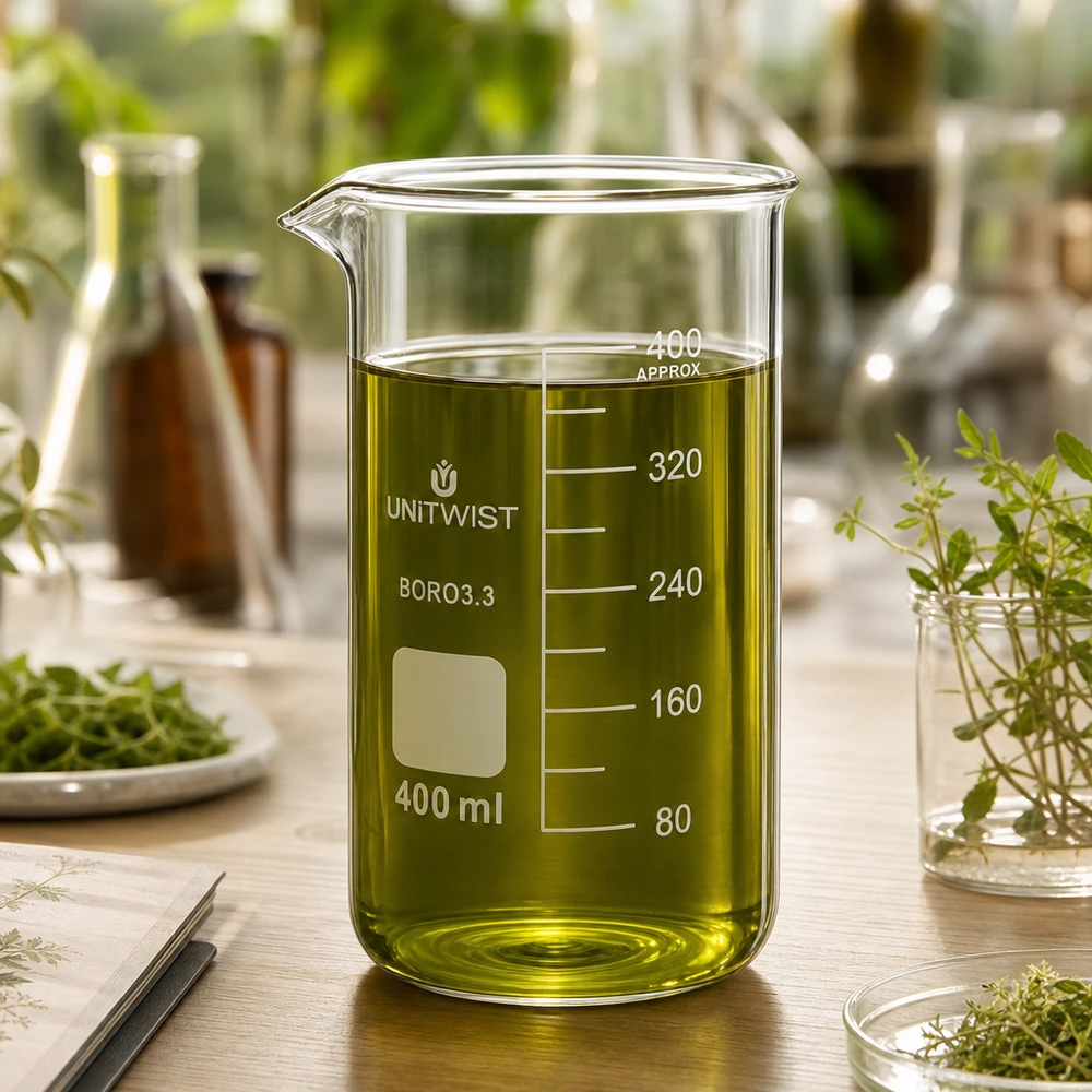 Hoog bekerglas van 400 ml, gemaakt van hittebestendig borosilicaatglas, voor kruidenextractie in het plantenlaboratorium