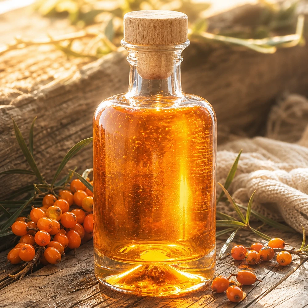 100 ml apothekersfles Sofia met houten handvat en kurk UNiTWIST® 100ml glazen fles Sofia met houten kurk gevuld met duindoornolie naast oranje duindoornbessen natuurlijke decoratie