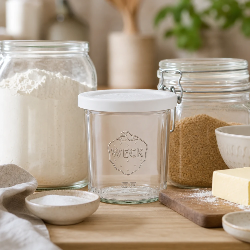 WECK 140ml RR60 bekers in een natuurlijke keukensetting met bakingrediënten en houten plank als lifestyle shot