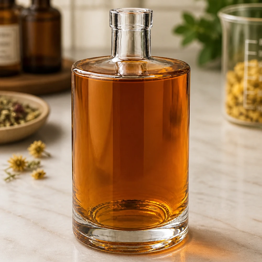 700 ml glazen fles Marie gevuld met amberkleurige vloeistof in een elegante sfeer met kruiden en apothekerspotjes