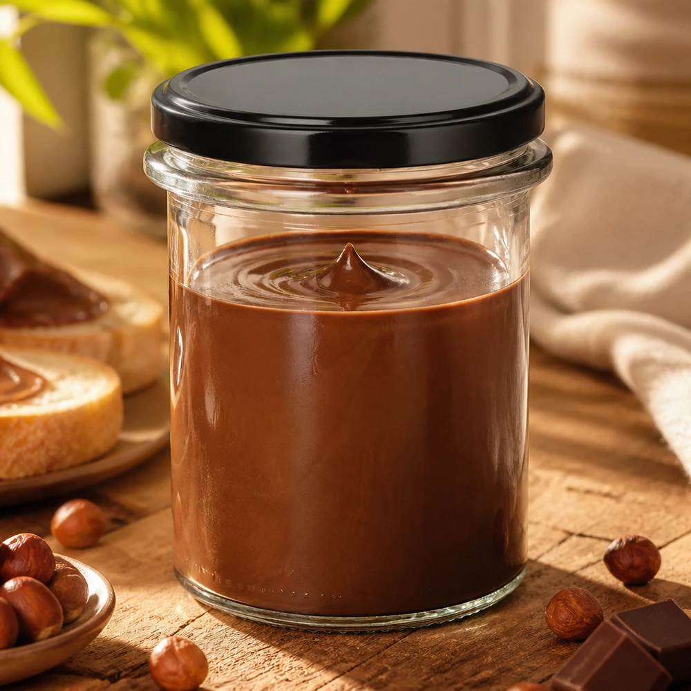 214 ml rond glas + BasicSeal-deksel, zwart, UNiTWIST Compact rond glazen potje UNiTWIST van 214 ml, gevuld met hazelnootcrème en omgeven door hazelnoten en chocolade