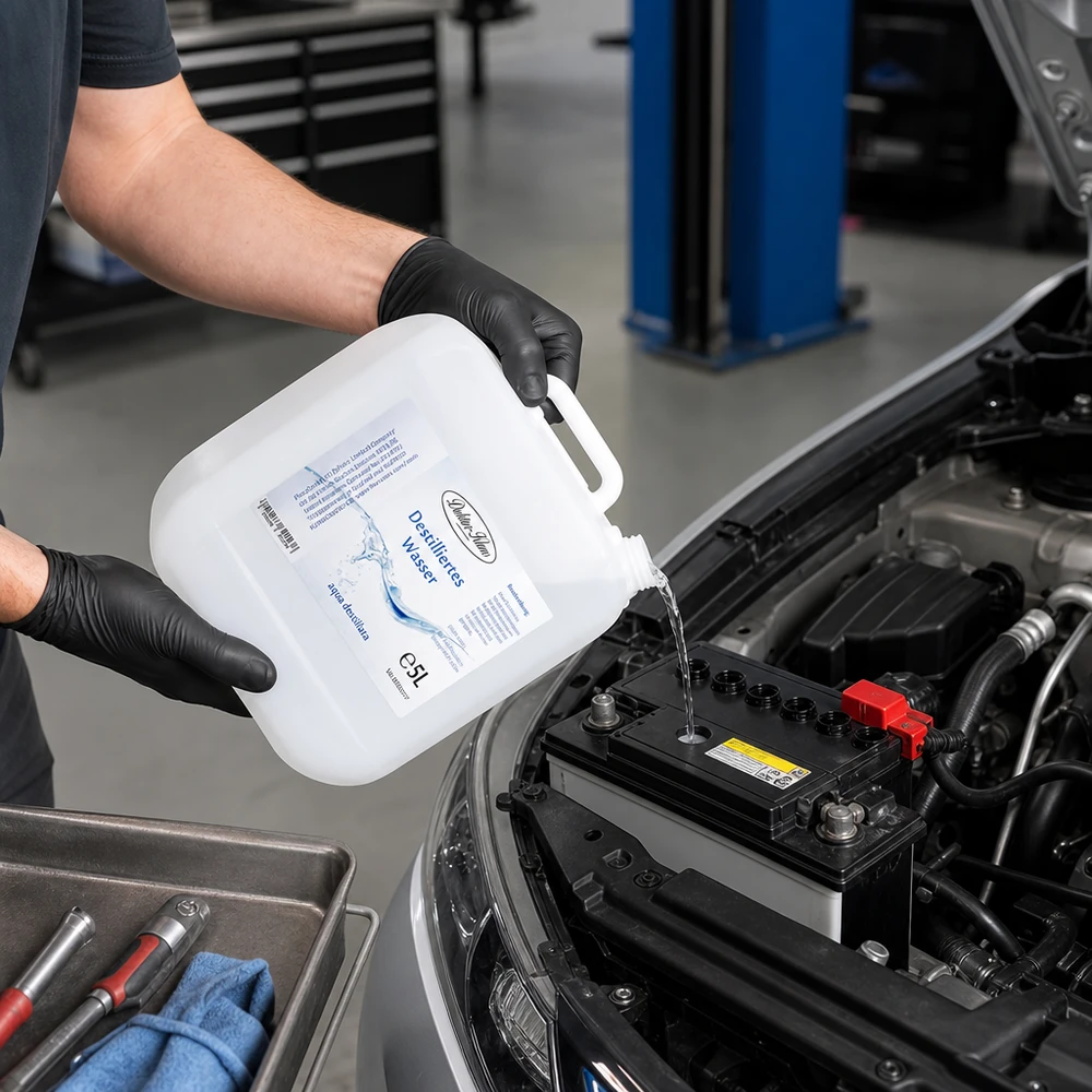 Gedestilleerd water Doktor-Klaus 5 liter voor professioneel onderhoud van autoaccu's in de autobranche