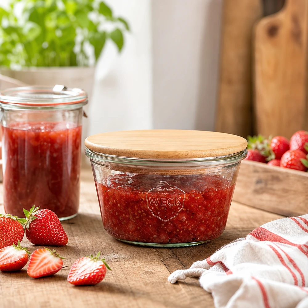 290ml stortglas laag WECK RR80 met hout deksel WECK inmaakpot 290ml RR100 gevuld met aardbeienjam, bamboe houten deksel, keukentafereel met verse aardbeien