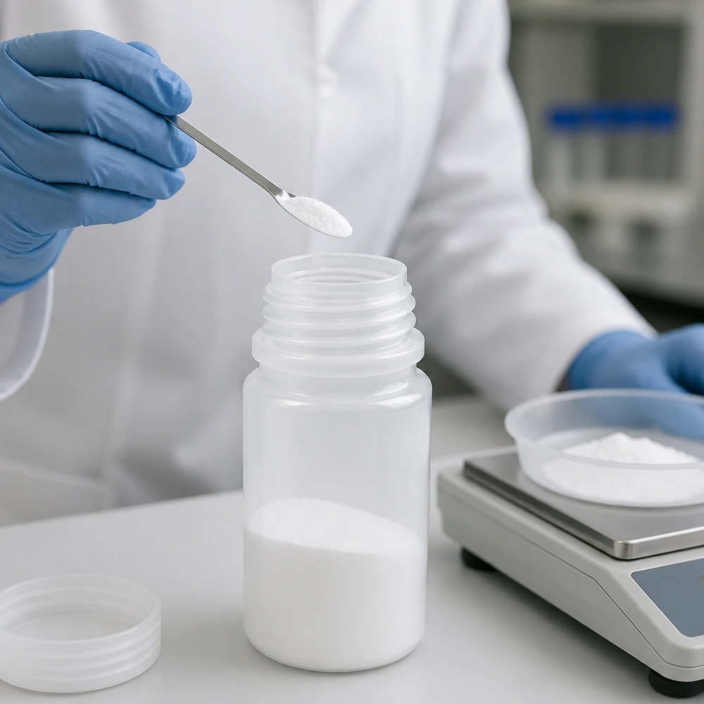 Wijde hals laboratoriumfles 50ml zonder sluiting Geopende 50 ml-fles met wijde hals, voorzien van een spatel en een analyseweegschaal, in een moderne laboratoriumomgeving