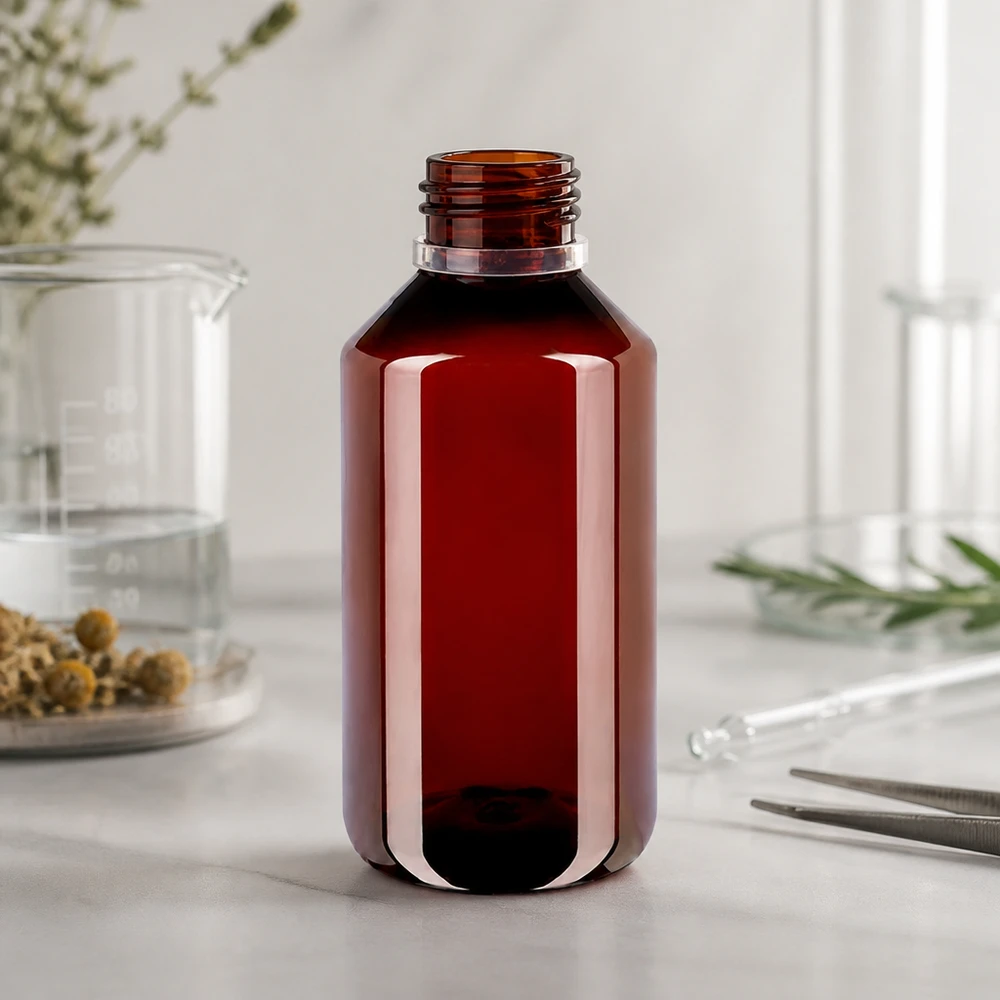Farmaceutisch flesje van 750 ml van bruin PET met pincet en bekerglas op marmer