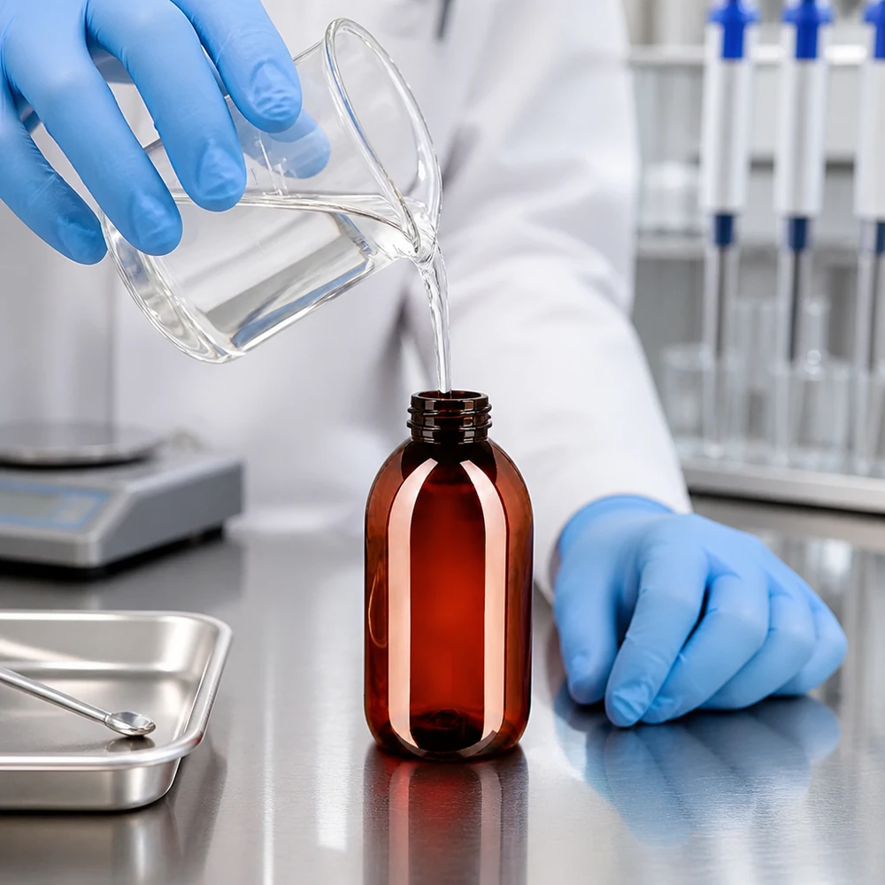 50 ml PET medicijnfles met verstuiver zwart GCMI 28/410 incl. dop transparant, standaard Het afvullen van laboratoriumvloeistof in een bruine PET-fles van 250 ml met een originele kindveilige sluiting