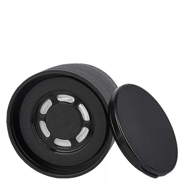 Zout/kruidenpot deksel met grove molen zwart - Keramische grove molen, 6-gaats schudbeker ø8mm. 41mm schroefdraad. Drukdeksel.
