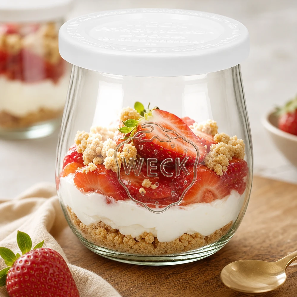 Tulpenpot van 220 ml met vershouddeksel WECK RR60 WECK tulp pot 220ml met vers deksel als dessert pot - Aardbei en room gelaagd dessert met crumble in RR60 pot