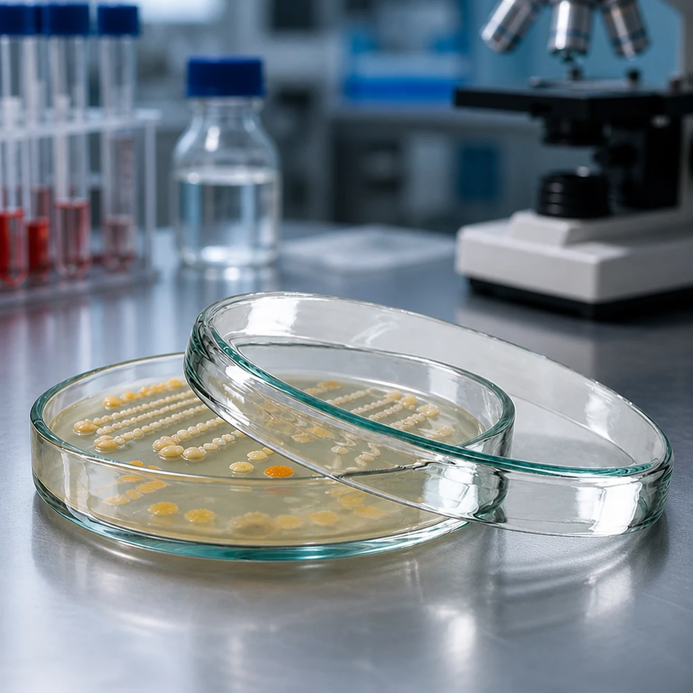 Petrischaal van 80 x 15 mm, van glas, open, met crèmekleurige en oranje bacteriekolonies