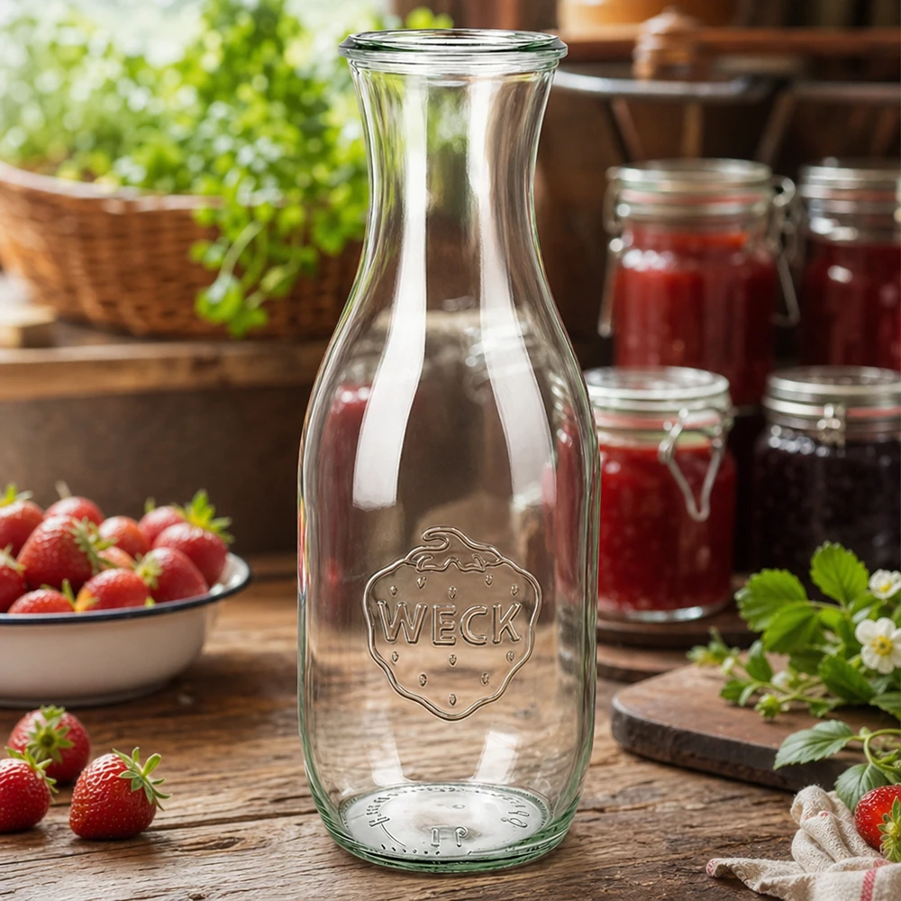 WECK sapfles 1062ml RR60 in een rustieke keuken met verse aardbeien en jampotten als decoratie