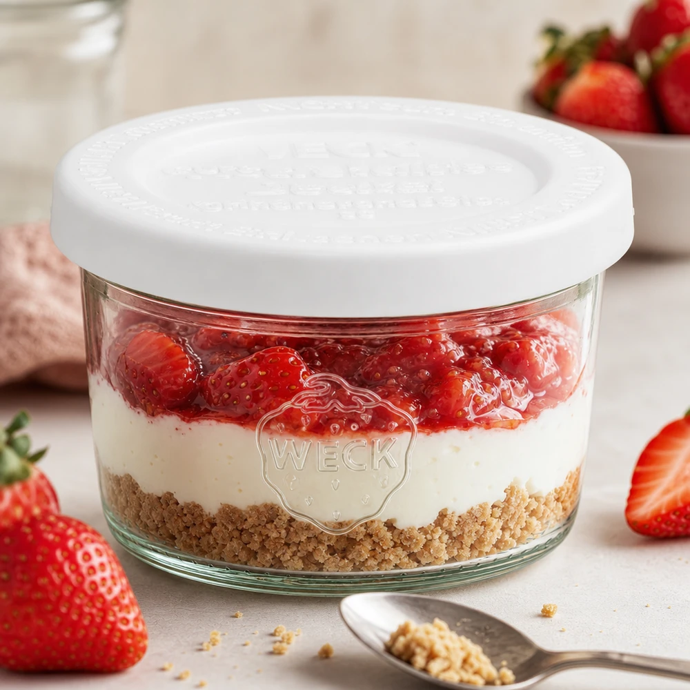WECK 80 ml bekers RR60 met aardbeiendessert en biscuitbodem als gelaagd dessert tussen verse aardbeien en lepel