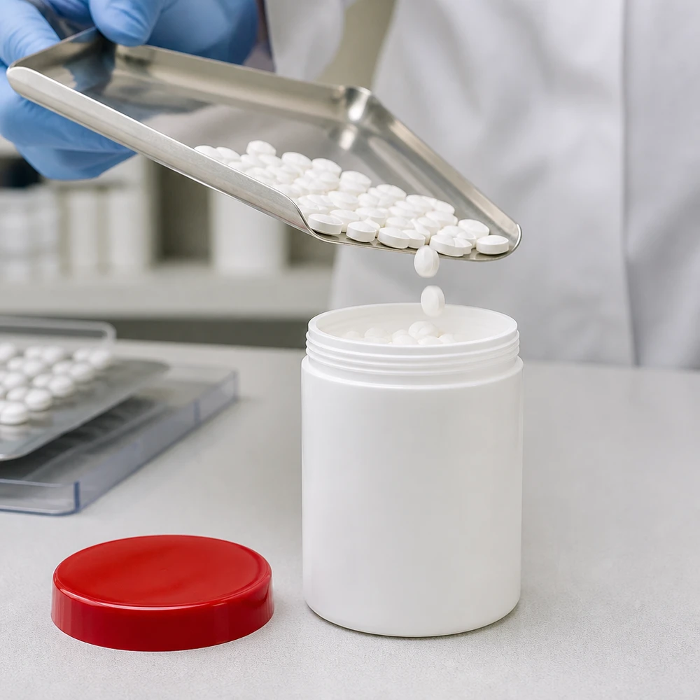 Witte kruik met brede hals, 50 g, met rode PP-deksel voor het hygiënisch bewaren van zalven