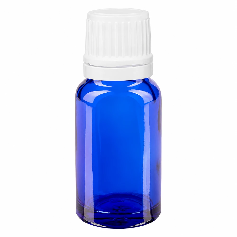 Kobaltblauw glazen flesje van 10 ml met witte OV-dop voor de farmaceutische en cosmetische industrie