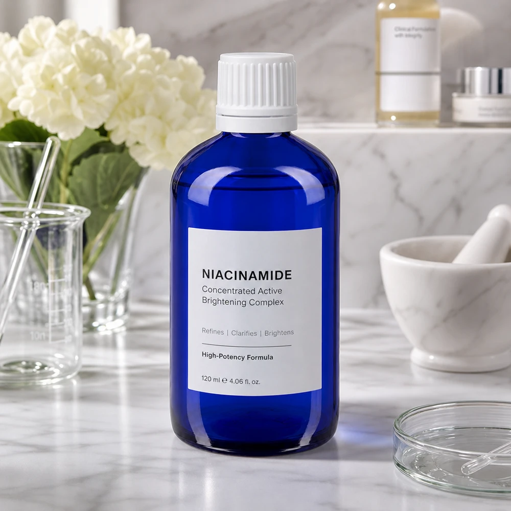 Blauwe apothekersdruppelfles van 20 ml met witte veiligheidsdop tussen cosmeticaproducten