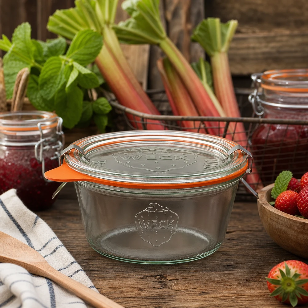 WECK inmaakpot 290ml RR100 in rustieke keuken met verse rabarber en aardbeien om in te maken