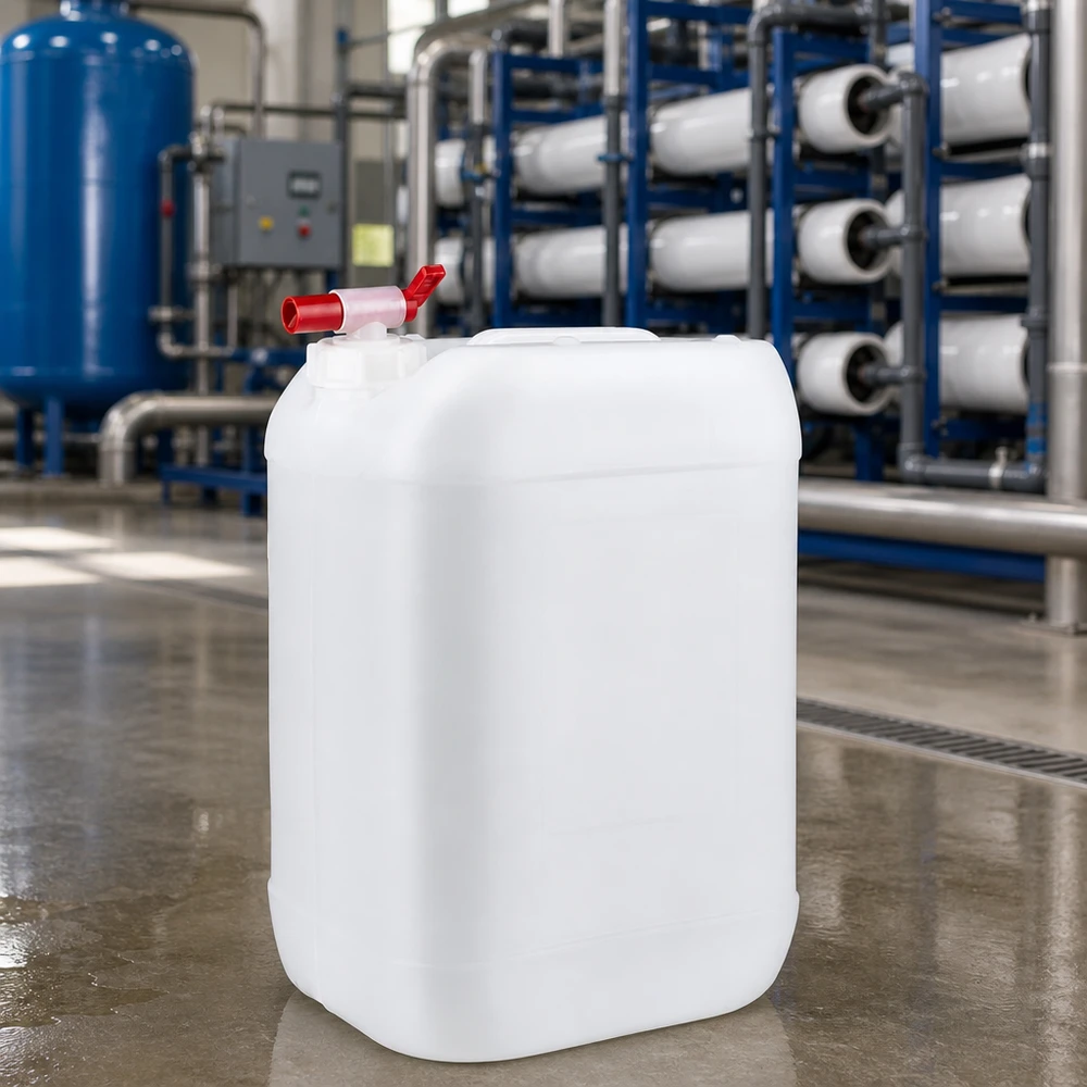 25l jerrycan met aftapkraan, UN-toelating Waterkan van 25 liter met doseerkraan voor chemicaliën bij de waterbehandeling